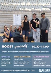 Five people pose in front of a wooden wall with a 'Welcome to Lillsvedsdagen! Saturday May 9, 2026' banner above them (Swedish event promo).