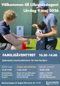 Swedish event poster advertising Lillsvedsdagen family day, outdoors with adults and child and bold date text.