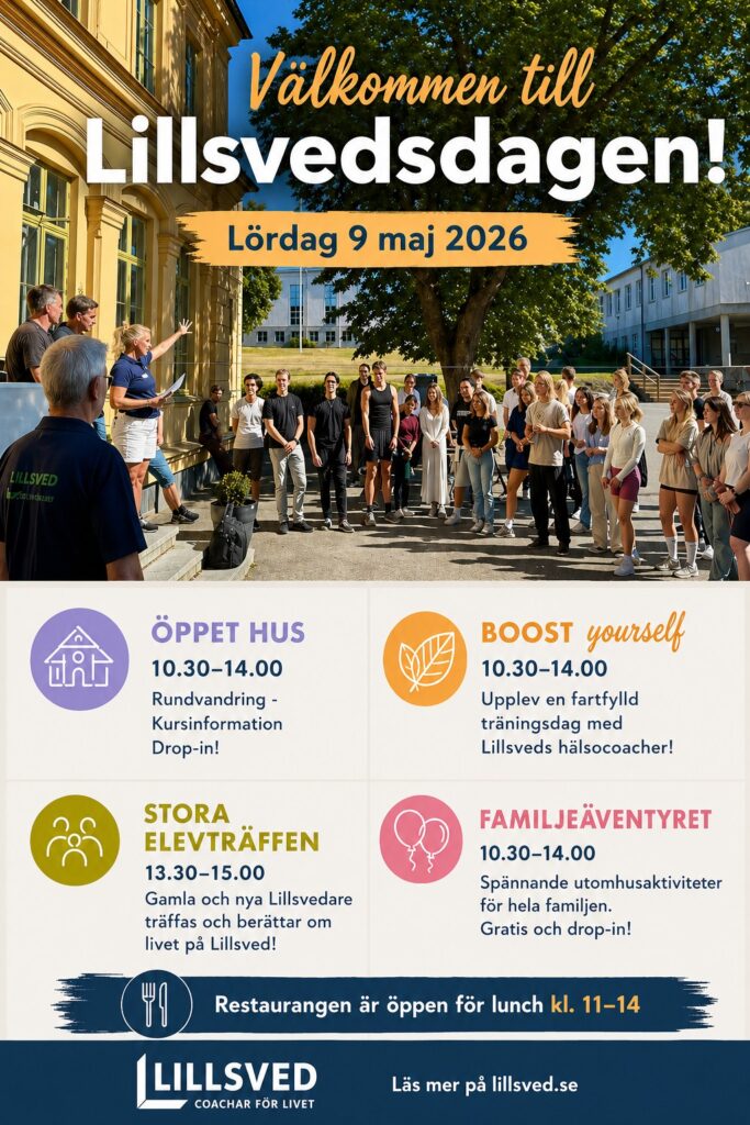 - Lillsved Poster announcing Lillsvedsdagen on May 9, 2026, with a crowd gathered outside a yellow building.