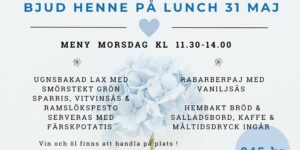 Flyer för Mors dag-lunch på Lillsved den 31 maj med blått hjärta, blomsterbild och pris: 245 kr per person (bokning via e-post).